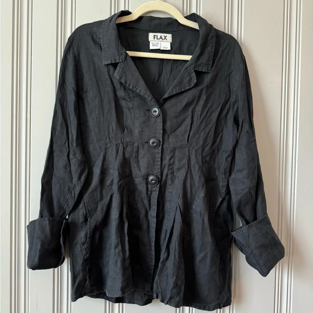 FLAX 100% Linen Black Top 3 Button Collared Shacket Jacket Button Up, Size Small
